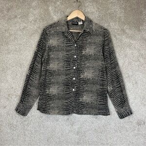 Notations Shirt Womens Small Black Beige Silk Long Sleeve Button Front- 1538*